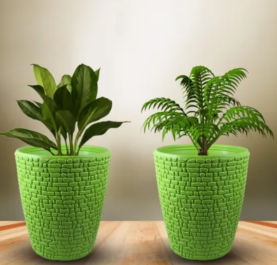 Decorative Indoor and  Outdoor Plastic Fancy Designer Flower pots  (Green 8" Pack Of 2)