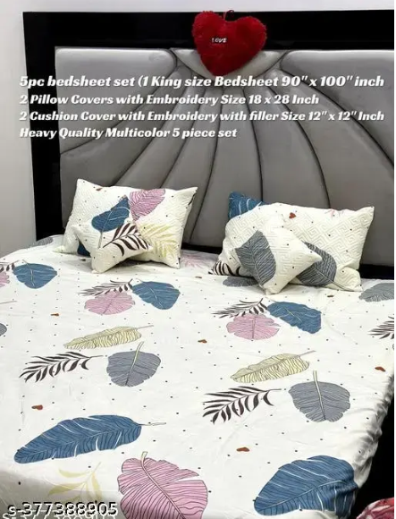 5pc bedsheet set (1 King size Bedsheet + 2 Pillow Coverswith Embroidery+ 2 Cushion Cover with Embroidery with filler) High Quality  5 piece set