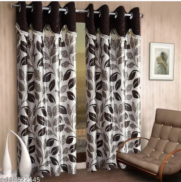 CORTINA Floral Printed Polyester Curtains Set Door Curtain for Bedroom, Living Room -Set of 2-7ft .Brown