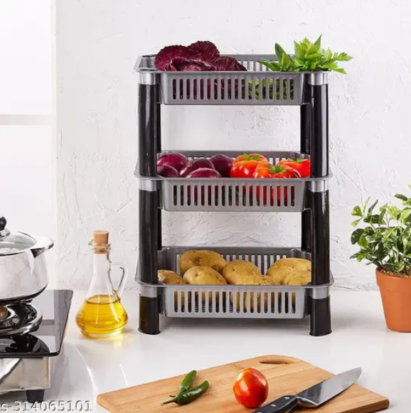 Plastic Vegetable Trolley Rack for Kitchen Storage Vegetable Organizer, Vegetable Stand for Kitchen Basket, Storage Racks for Office, Bedroom, Kitchen, Bathroom, Living Room, Fruits Onion Potato Stand for Kitchen (Grey, 3 Layer)