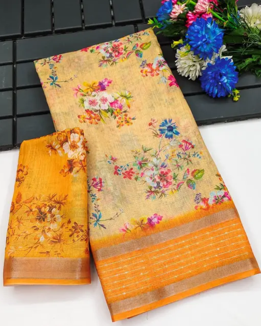 Golden Bloom Floral Linen Saree