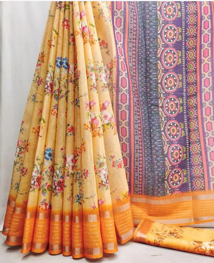 Golden Bloom Floral Linen Saree