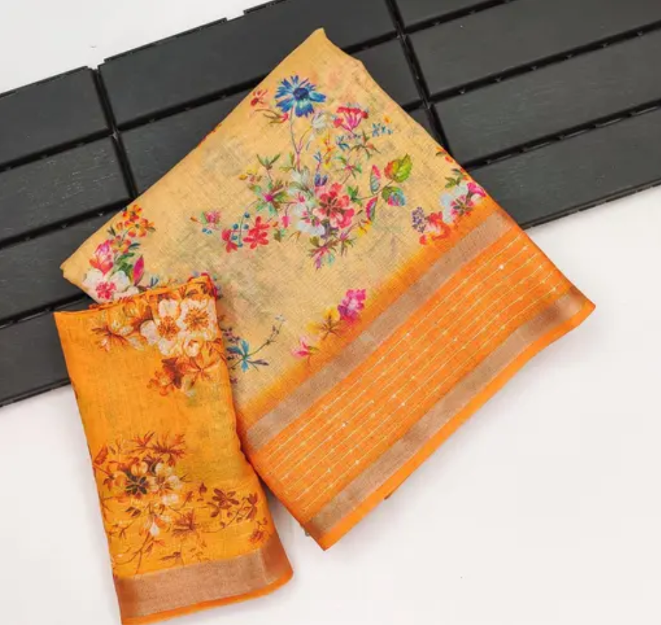 Golden Bloom Floral Linen Saree