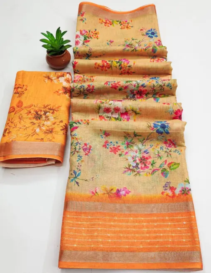 Golden Bloom Floral Linen Saree