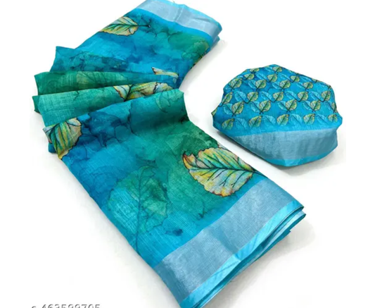 Ocean Bloom Linen Saree