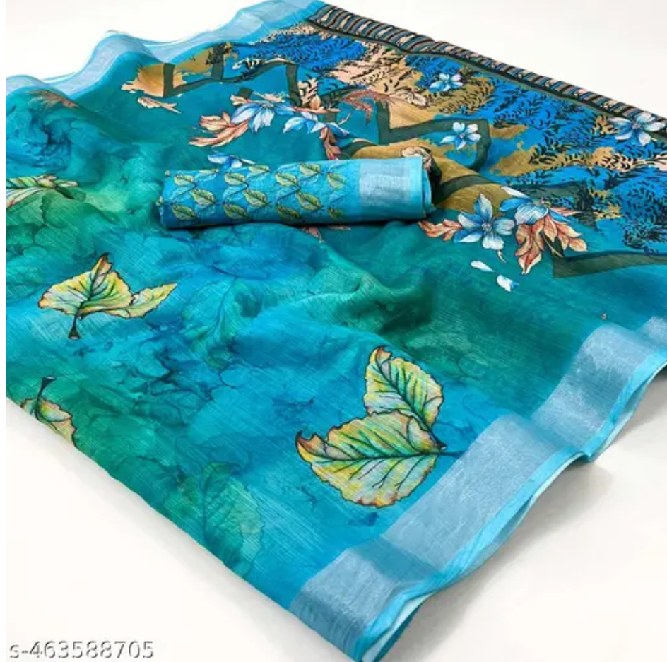 Ocean Bloom Linen Saree