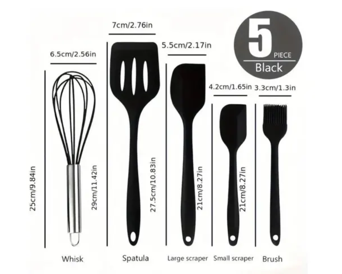 5-Piece Heat-Resistant Silicone Kitchen Tool Set || Non-Stick Cooking & Baking Essentials (Black)